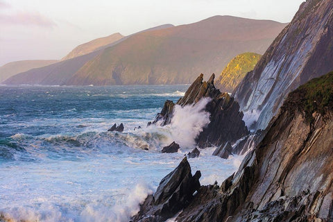 Waves crash into cliffs on Dunmore Head with Blasket Islands on the Dingle Peninsula-Ireland White Modern Wood Framed Art Print with Double Matting by Haney, Chuck