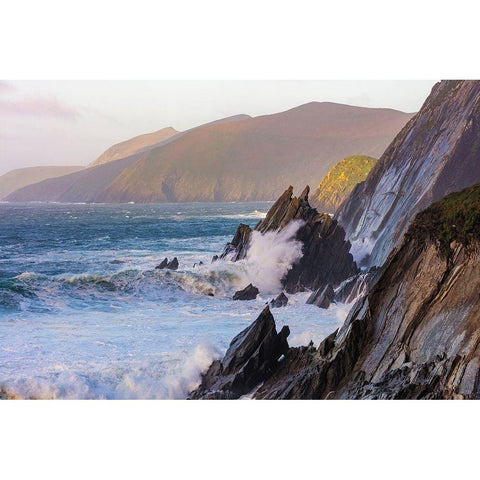 Waves crash into cliffs on Dunmore Head with Blasket Islands on the Dingle Peninsula-Ireland White Modern Wood Framed Art Print by Haney, Chuck