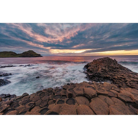 Interlocking basalt columns at sunset at the Giants Causeway near Bushmills-Northern Ireland White Modern Wood Framed Art Print by Haney, Chuck