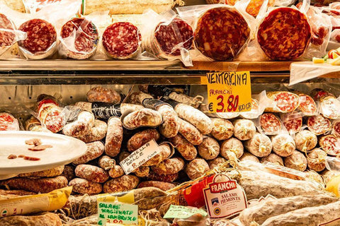 Italy-Rome Piazza della Rotunda-meat at Salami Antica Black Ornate Wood Framed Art Print with Double Matting by Jones, Alison