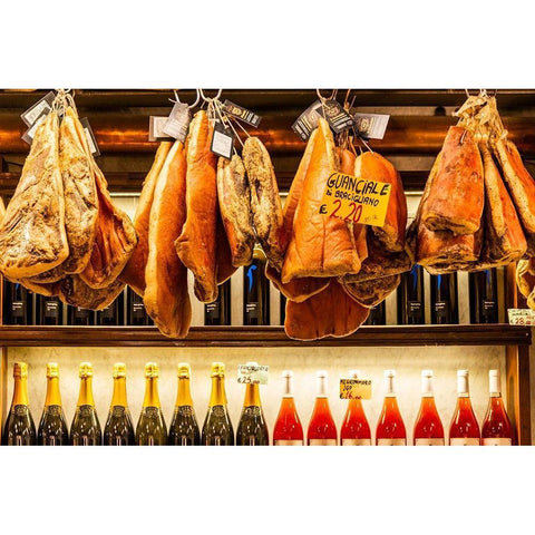 Italy-Rome Piazza della Rotunda-meat (hams) and wine for sale at Salami Antica Black Modern Wood Framed Art Print by Jones, Alison
