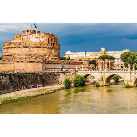 Italy-Rome Tiber River-Castel SantAngelo and Ponte SantAngelo seen upstream White Modern Wood Framed Art Print by Jones, Alison