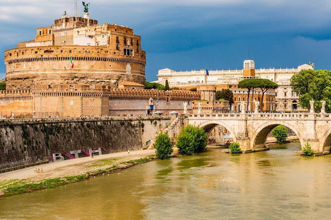Italy-Rome Tiber River-Castel SantAngelo and Ponte SantAngelo seen upstream Black Ornate Wood Framed Art Print with Double Matting by Jones, Alison