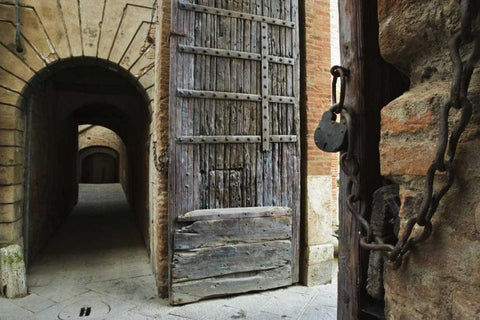 Italy, Tuscany, Fortified gate and an alley White Modern Wood Framed Art Print with Double Matting by Flaherty, Dennis