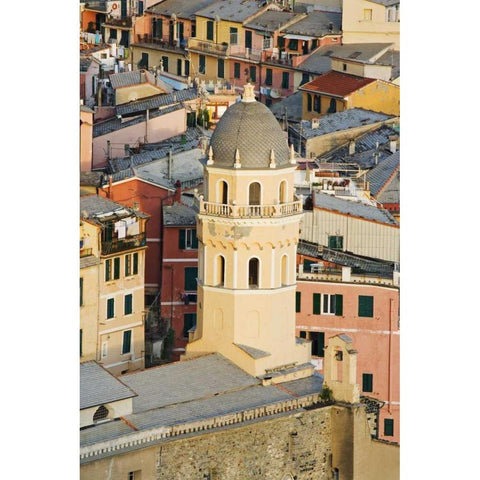 Italy, Vernazza Cathedral and city buildings Gold Ornate Wood Framed Art Print with Double Matting by Flaherty, Dennis