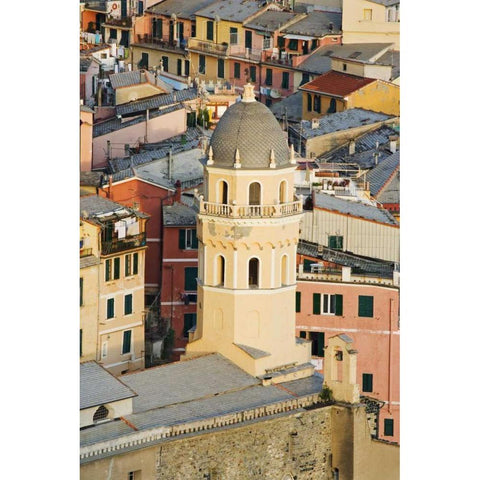 Italy, Vernazza Cathedral and city buildings Black Modern Wood Framed Art Print by Flaherty, Dennis