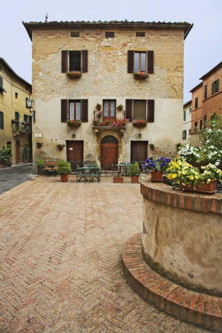 A local restaurant in a Piazza, Pienza, Italy White Modern Wood Framed Art Print with Double Matting by Flaherty, Dennis