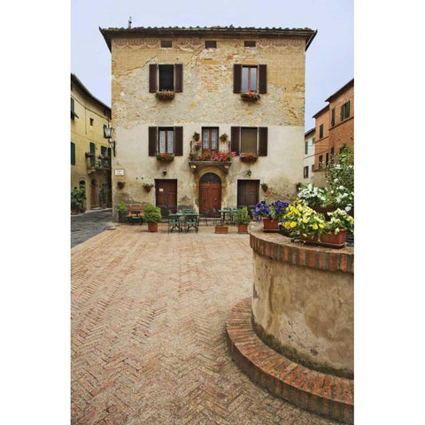 A local restaurant in a Piazza, Pienza, Italy Gold Ornate Wood Framed Art Print with Double Matting by Flaherty, Dennis
