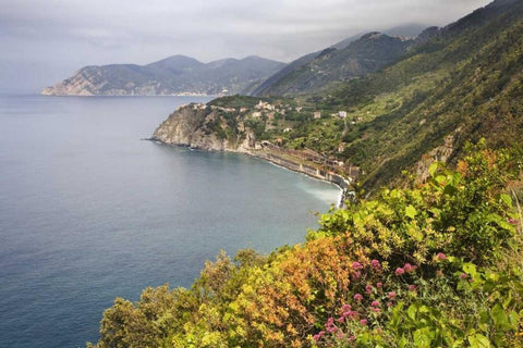 Italy, Cinque Terre Coastal shoreline lookout White Modern Wood Framed Art Print with Double Matting by Flaherty, Dennis