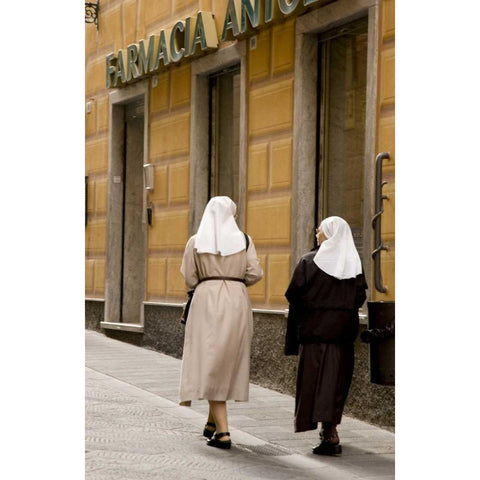 Italy, Camogli Nuns walk along the Via Republica Black Modern Wood Framed Art Print by Kaveney, Wendy