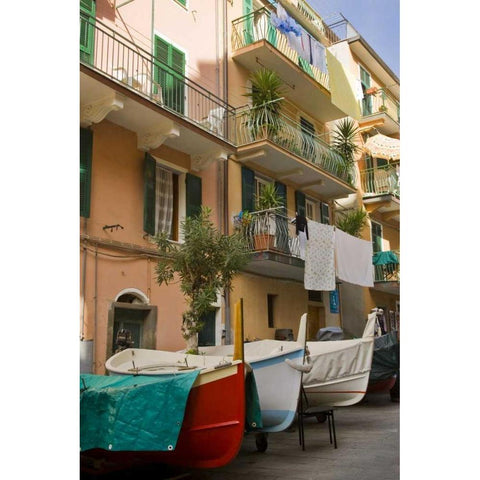 Italy, Manarola Boats stored on the streets Black Modern Wood Framed Art Print by Kaveney, Wendy