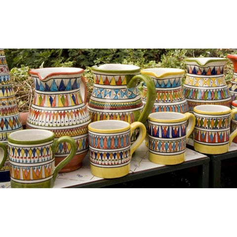 Italy, Positano Ceramic pitchers and mugs Black Modern Wood Framed Art Print by Kaveney, Wendy