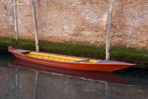 Italy, Venice Red boat reflecting in a canal White Modern Wood Framed Art Print with Double Matting by Young, Bill