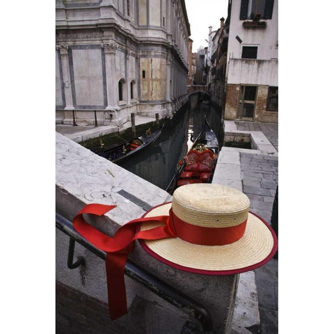 Italy, Venice Gondoliers hat and gondolas Black Modern Wood Framed Art Print by Kaveney, Wendy