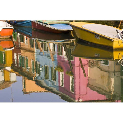 Italy, Burano Boats on a canal with reflections White Modern Wood Framed Art Print by Kaveney, Wendy