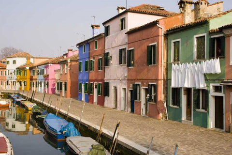 Italy, Burano Colorful houses of line a canal White Modern Wood Framed Art Print with Double Matting by Kaveney, Wendy
