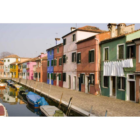 Italy, Burano Colorful houses of line a canal White Modern Wood Framed Art Print by Kaveney, Wendy