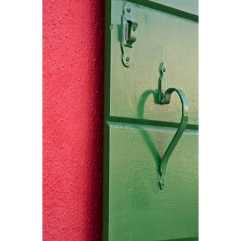 Italy, BuranoGreen shutter on a red wall Black Modern Wood Framed Art Print with Double Matting by Kaveney, Wendy