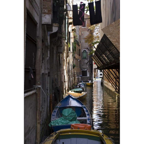 Italy, Venice Boats in canal Black Modern Wood Framed Art Print by Kaveney, Wendy