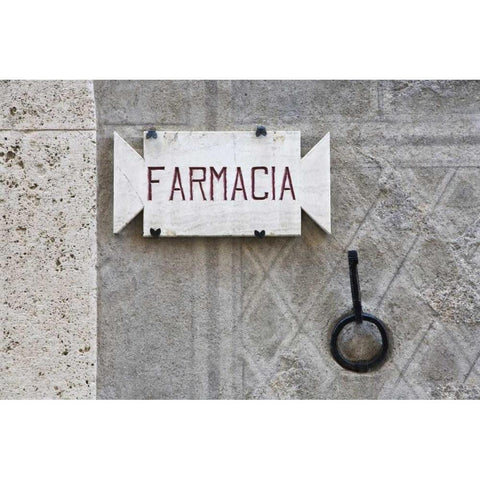 Italy, Tuscany, Pienza Pharmacy sign on wall White Modern Wood Framed Art Print by Flaherty, Dennis