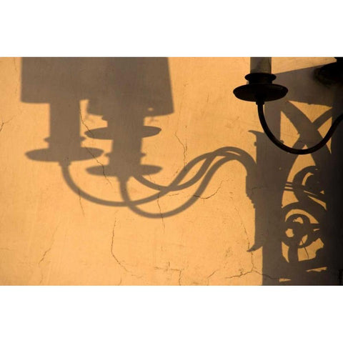 Italy, Venice Lamp and shadows on a yellow wall Black Modern Wood Framed Art Print by Kaveney, Wendy