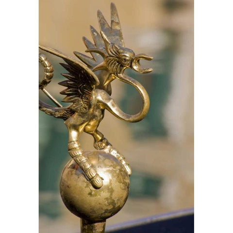 Italy, Venice Brass dragon on a gondola White Modern Wood Framed Art Print by Kaveney, Wendy