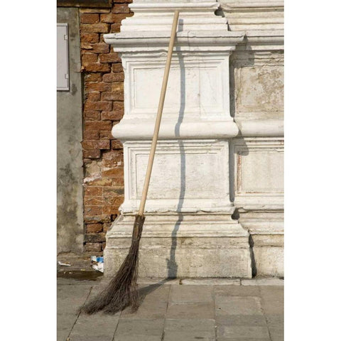 Italy, Venice Handmade broom against a pillar White Modern Wood Framed Art Print by Kaveney, Wendy