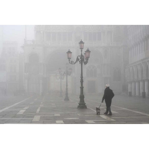 Italy, Venice A man walks his dog in fog Black Modern Wood Framed Art Print by Kaveney, Wendy