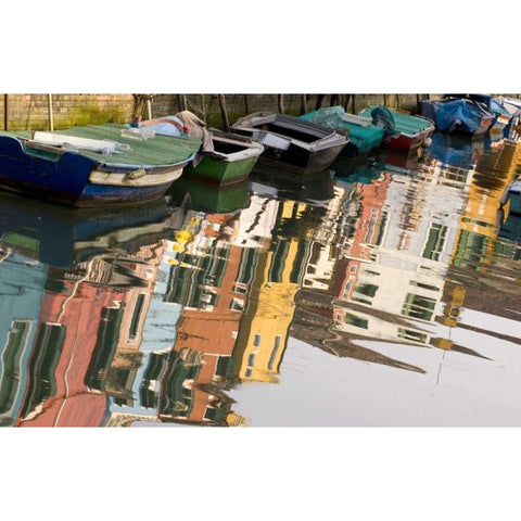 Italy, Venice, Burano Row of boats and houses Black Modern Wood Framed Art Print by Kaveney, Wendy