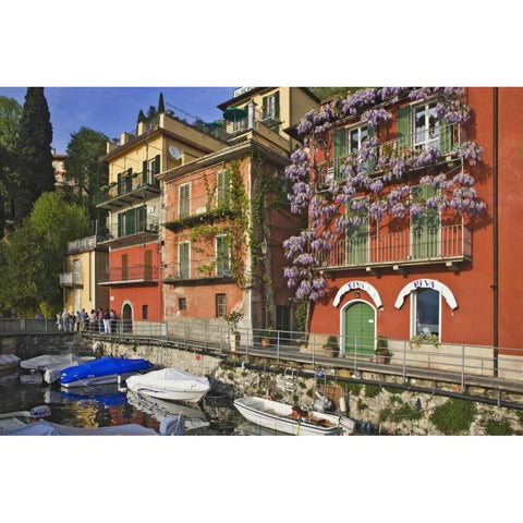 Italy, Varenna Boats moored in village harbor White Modern Wood Framed Art Print by Flaherty, Dennis