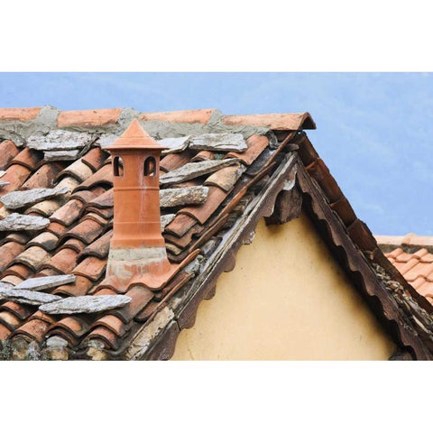 Italy, Varenna Terra cotta roof and chimney Black Modern Wood Framed Art Print by Flaherty, Dennis