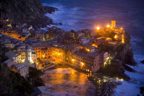 Italy, Vernazza, Cinque Terra City lit at night White Modern Wood Framed Art Print with Double Matting by Zuckerman, Jim