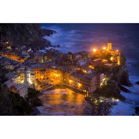 Italy, Vernazza, Cinque Terra City lit at night White Modern Wood Framed Art Print by Zuckerman, Jim