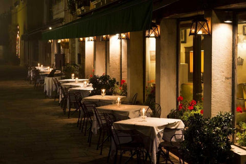 Italy, Venice Restaurant tables lit at night White Modern Wood Framed Art Print with Double Matting by Young, Bill