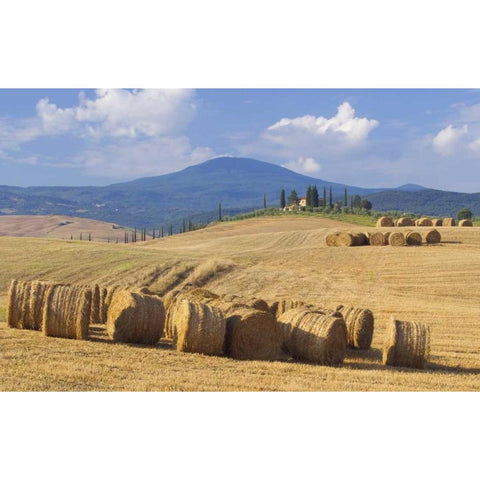 Italy, San Quirico dOrcia Bales of hay and farm Black Modern Wood Framed Art Print by Delisle, Gilles