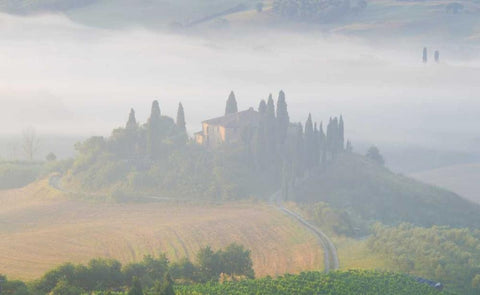 Italy, Tuscany Belvedere house in morning fog White Modern Wood Framed Art Print with Double Matting by Delisle, Gilles