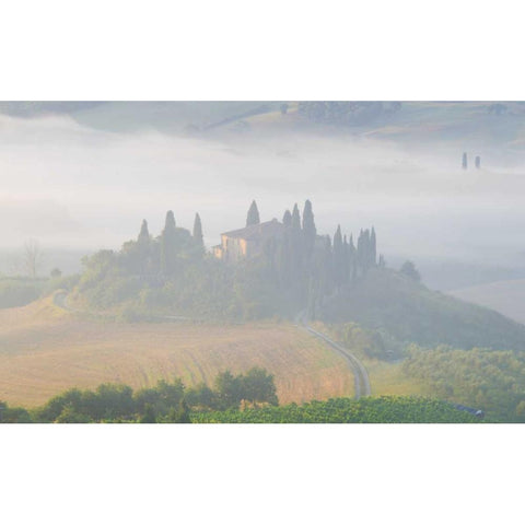 Italy, Tuscany Belvedere house in morning fog Black Modern Wood Framed Art Print by Delisle, Gilles