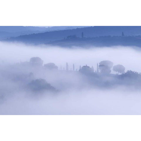 Italy, Tuscany, Pienza Morning fog over town Black Modern Wood Framed Art Print by Delisle, Gilles