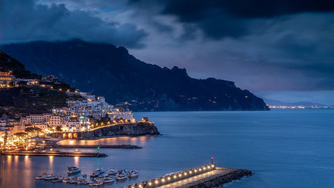 Europe-Italy-Campania-Sunset on town and Amalfi Coast Black Ornate Wood Framed Art Print with Double Matting by Jaynes Gallery