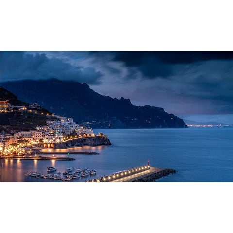 Europe-Italy-Campania-Sunset on town and Amalfi Coast Black Modern Wood Framed Art Print by Jaynes Gallery