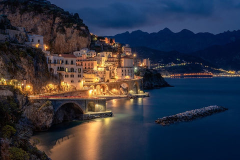 Europe-Italy-Atrani-Sunset on town and Amalfi Coast White Modern Wood Framed Art Print with Double Matting by Jaynes Gallery