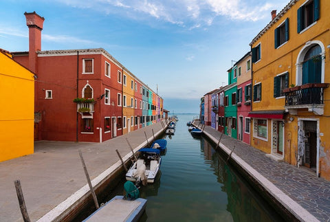 Europe-Italy-Venice-Houses and boats on canal in Burano White Modern Wood Framed Art Print with Double Matting by Jaynes Gallery