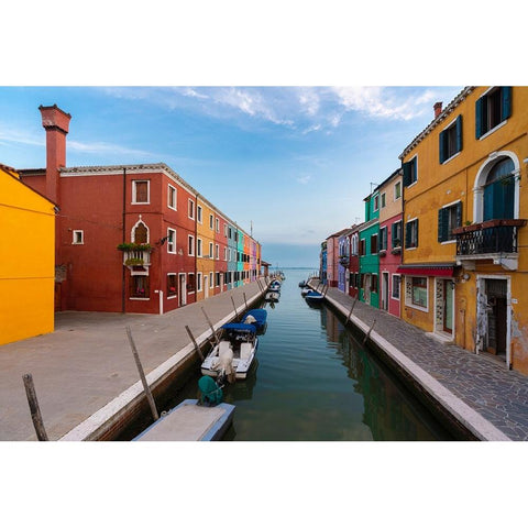 Europe-Italy-Venice-Houses and boats on canal in Burano Black Modern Wood Framed Art Print by Jaynes Gallery