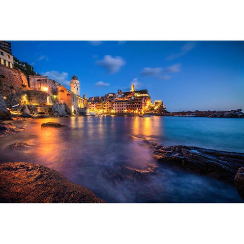 Europe-Italy-Vernazza-Landscape with village and ocean at sunset Gold Ornate Wood Framed Art Print with Double Matting by Jaynes Gallery