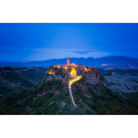 Europe-Italy-Civita di Bagnoregio-Medieval hilltop town lit at sunset White Modern Wood Framed Art Print by Jaynes Gallery