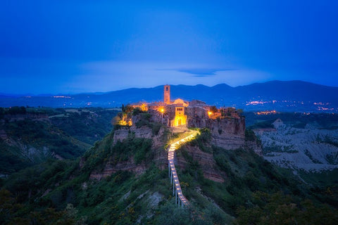 Europe-Italy-Civita di Bagnoregio-Medieval hilltop town lit at sunset White Modern Wood Framed Art Print with Double Matting by Jaynes Gallery