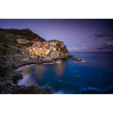 Europe-Italy-Manarola-Sunset coastline with town and ocean Gold Ornate Wood Framed Art Print with Double Matting by Jaynes Gallery