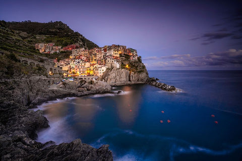 Europe-Italy-Manarola-Sunset coastline with town and ocean Black Ornate Wood Framed Art Print with Double Matting by Jaynes Gallery