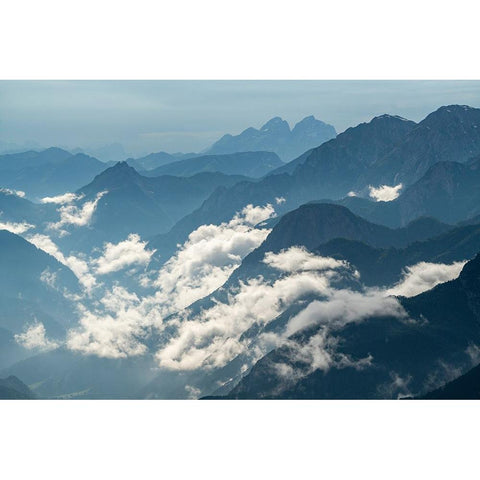 Europe-Italy-Friuli Venezia Giulia-Foggy Monte Lussari mountain at sunset White Modern Wood Framed Art Print by Jaynes Gallery