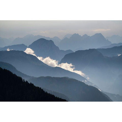 Europe-Italy-Friuli Venezia Giulia-Foggy Monte Lussari mountain at sunset Black Modern Wood Framed Art Print by Jaynes Gallery